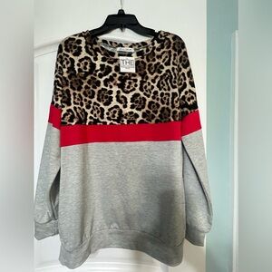 Local Boutique Top, grey and leopard with red strip